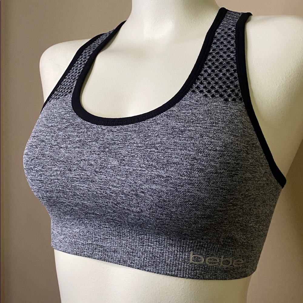 BEBE SPORT Gray Black Racerback logo Sports Bra M